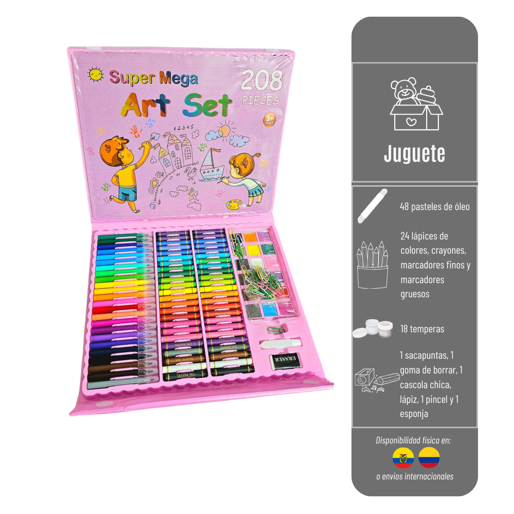 MALETIN PLASTICO DE COLORES SUPER MEGA DE 208 PIEZAS MALETIN-COL-208P