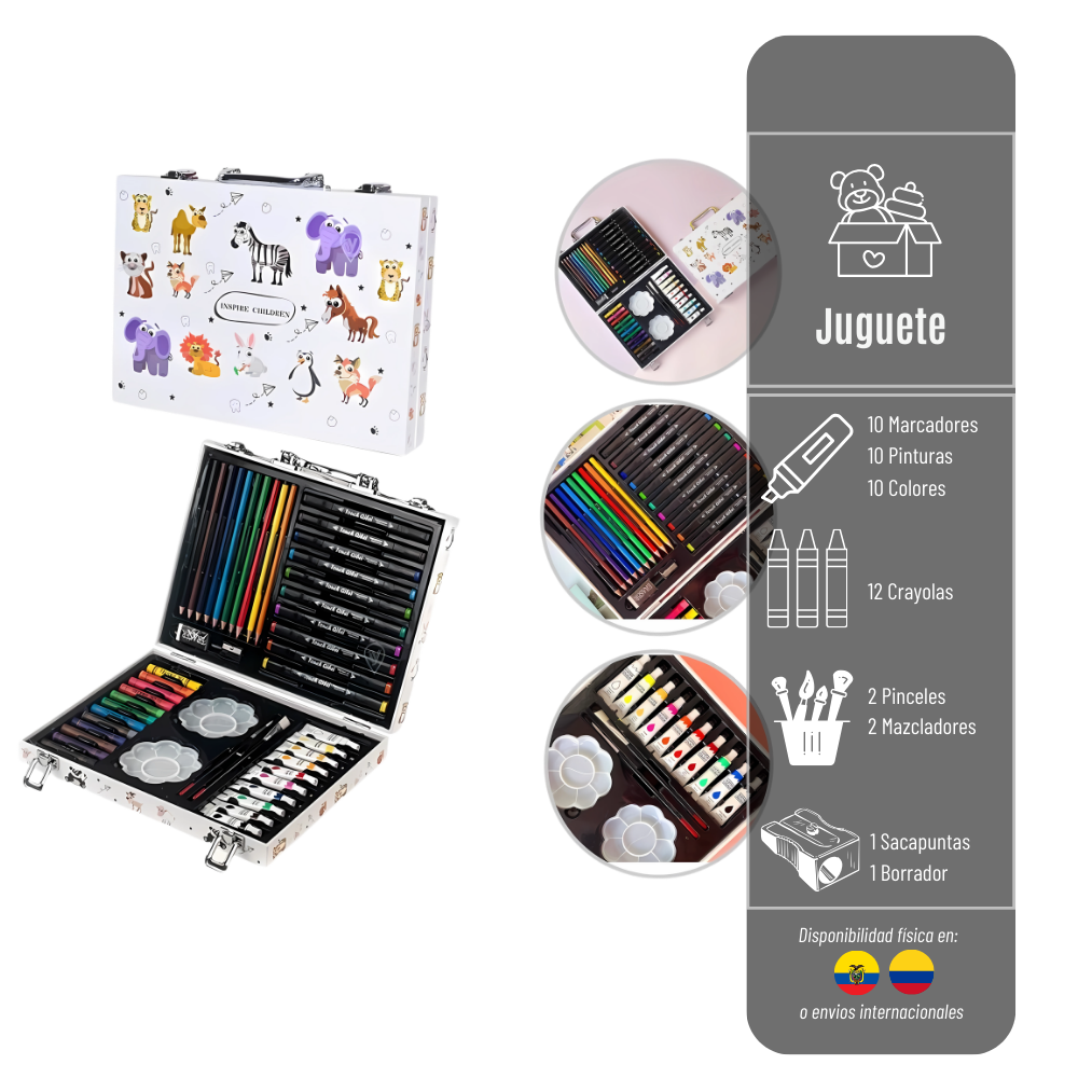 MALETIN DE COLORES CON DISEÑO DE ANIMALITOS INSPIRE CHILDREN DE 44 PIEZAS MALETIN-COL-44P