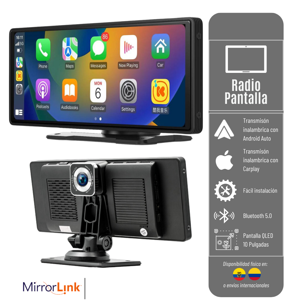 PANTALLA PORTATIL 10.26 H805D ANDROID PARA CARROS CON CARPLAY - CAMARA FRONTAL MAS CAMARA DE RESERVA INALÁMBRICA