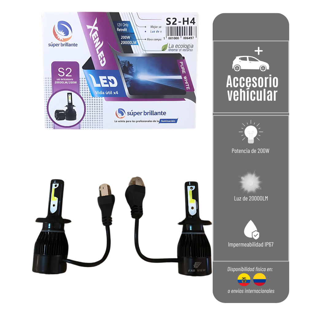 LUCES LED-S2-H4 SUPER BRILLANTE PARA VEHÍCULO 20.000LM 200W 
