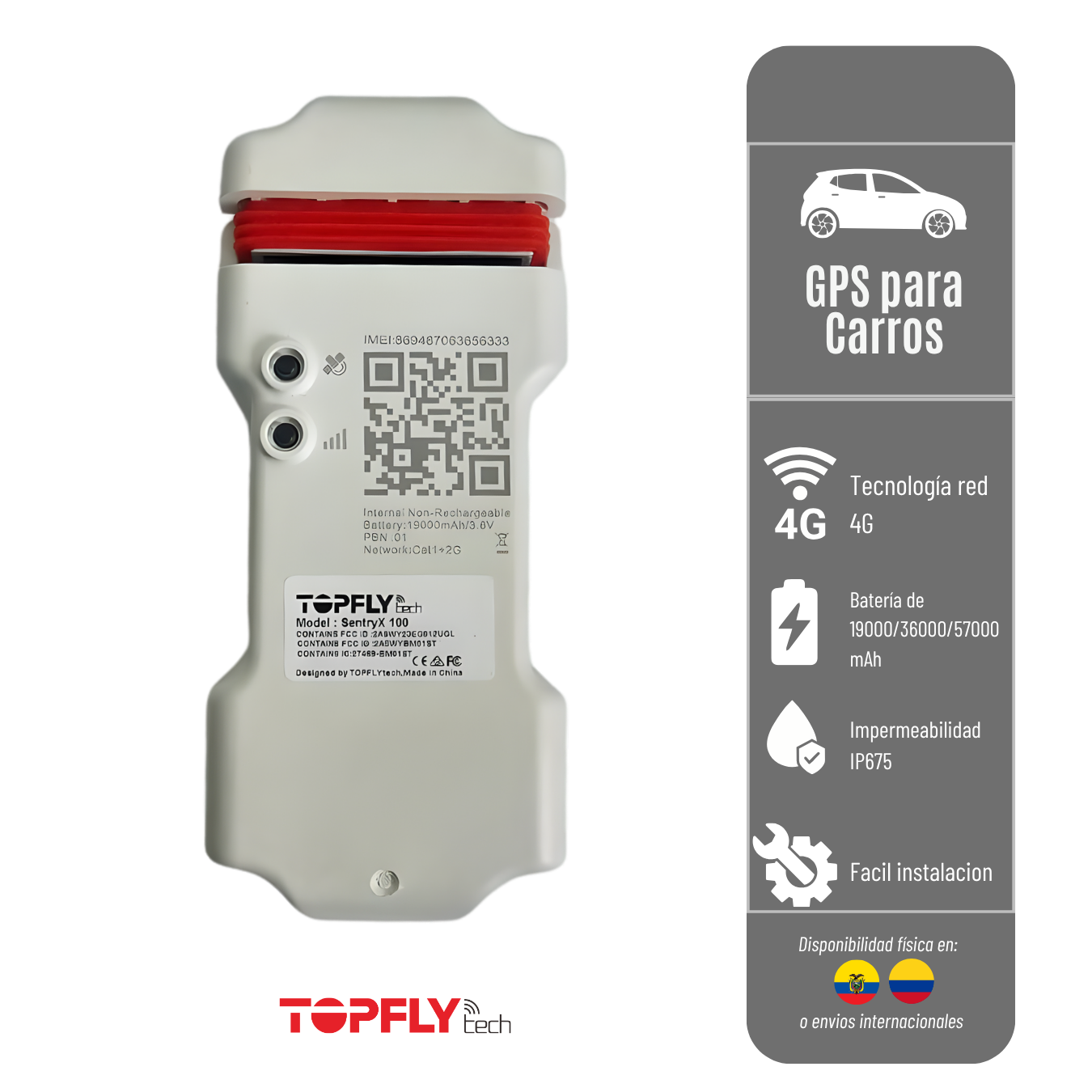 GPS SENTRY X100 TOPFLYTECH PORTÁTIL RED 2G Y 4G - BATERIA DE 19.000 MAH CON SENSOR DE TEMPERATURA