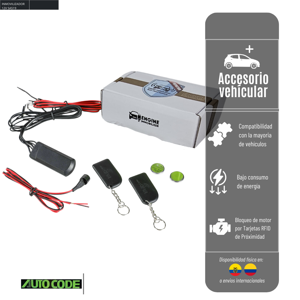 INMOVILIZADOR 12V SA519 AUTOCODE CON TARJETA/SENSOR DE PROXIMIDAD CORTA CORRIENTE ANTI ATRACO, BAT. 6 MESES RFID-SA519