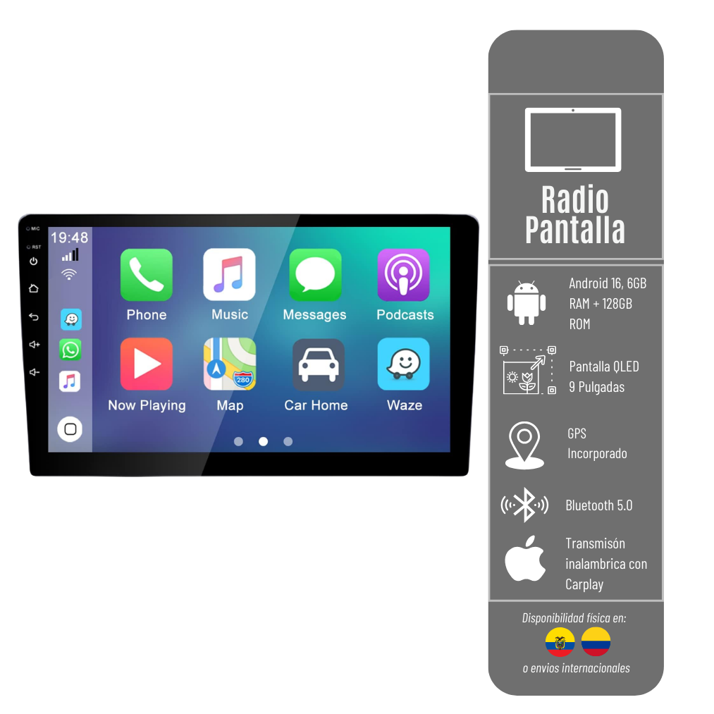 	RADIO PANTALLA 9 IPS CON ANDROID 16 ANDROID AUTO Y CARPLAY PARA CARROS 6 RAM Y 128 GB DE MEMORIA RADIO-9P-6R-128GB-IPS