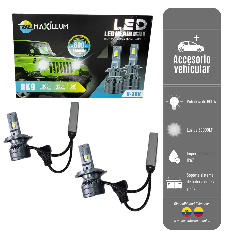 LUCES MAXILLUM PARA VEHICULO DE 60000LM Y 600W LUZ DE ALTA POTENCIA LED-RX9-H4