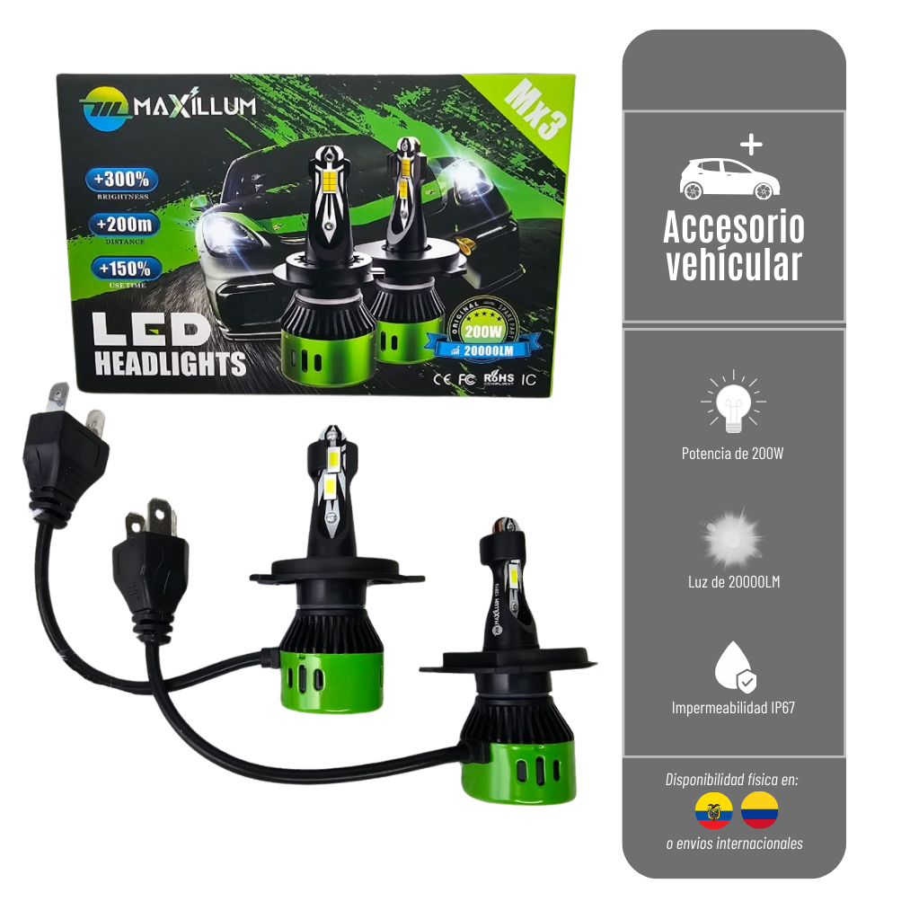 LUCES MAXILLUM PARA VEHICULO DE 20000LM Y 200W LUZ DE ALTA POTENCIA LED-MX3-H4